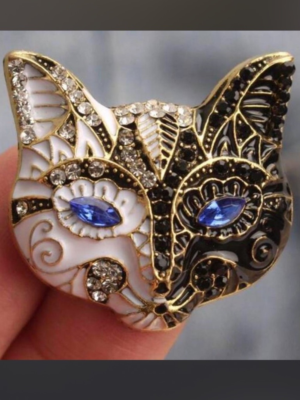 Embellished Cat Face Brooch with Blue Crystal Eyes